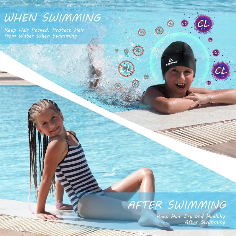 Reymand 2 Pack Kids Extra Large Swim Cap for Long Thick Hair, Waterproof Silicone Swimming Cap for Toddler Child Youth Girls Boys, Durable Swim Hats Bathing Caps for Braids, Dreadlocks, Extensions, Afros-1 - Image 5