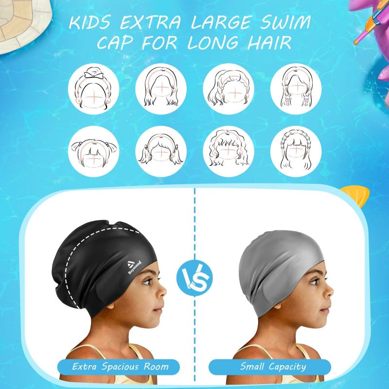 Reymand 2 Pack Kids Extra Large Swim Cap for Long Thick Hair, Waterproof Silicone Swimming Cap for Toddler Child Youth Girls Boys, Durable Swim Hats Bathing Caps for Braids, Dreadlocks, Extensions, Afros-1 - Image 4