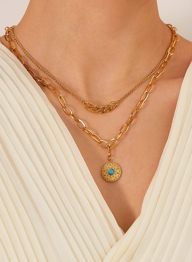 Andaazs Andaazs Women’s Eclipse 18K Gold Plated Vintage Layered Necklace –  Dual Chain with Turquoise Stone Pendant – Boho Layered Statement Jewelry  - Image 1