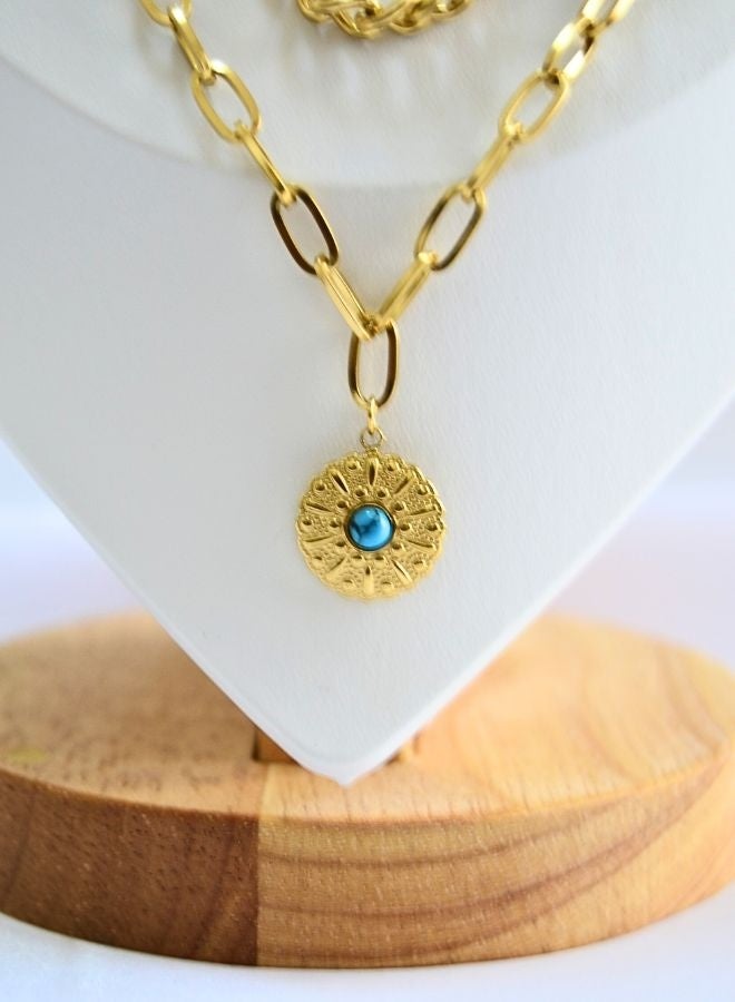 Andaazs Andaazs Women’s Eclipse 18K Gold Plated Vintage Layered Necklace –  Dual Chain with Turquoise Stone Pendant – Boho Layered Statement Jewelry  - Image 2