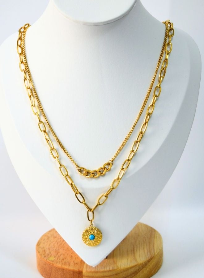 Andaazs Andaazs Women’s Eclipse 18K Gold Plated Vintage Layered Necklace –  Dual Chain with Turquoise Stone Pendant – Boho Layered Statement Jewelry  - Image 3