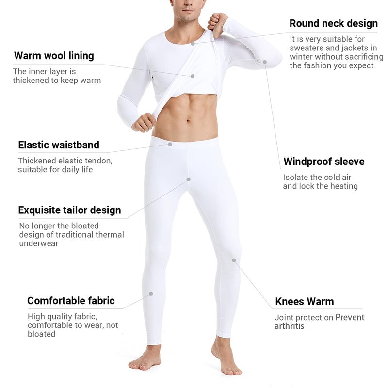 PISIQI Thermal Underwear Men Ultra-Soft Long Johns Set with Fleece Lined Base Layer Winter Skiing Warm Top & Bottom Black (White, Large) - Image 2