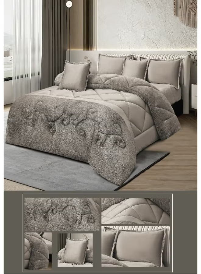 مينج لي مفرش شتوي نفرين نظام وجهين وجه مخمل وجه فرو - طقم مفارش 6 قطع ( 1 لحاف + 1 وشرشف مطاطي + 4 أغطية وسائد ديكورية ) يناسب سرير مقاس 200x200 سم - Image 5