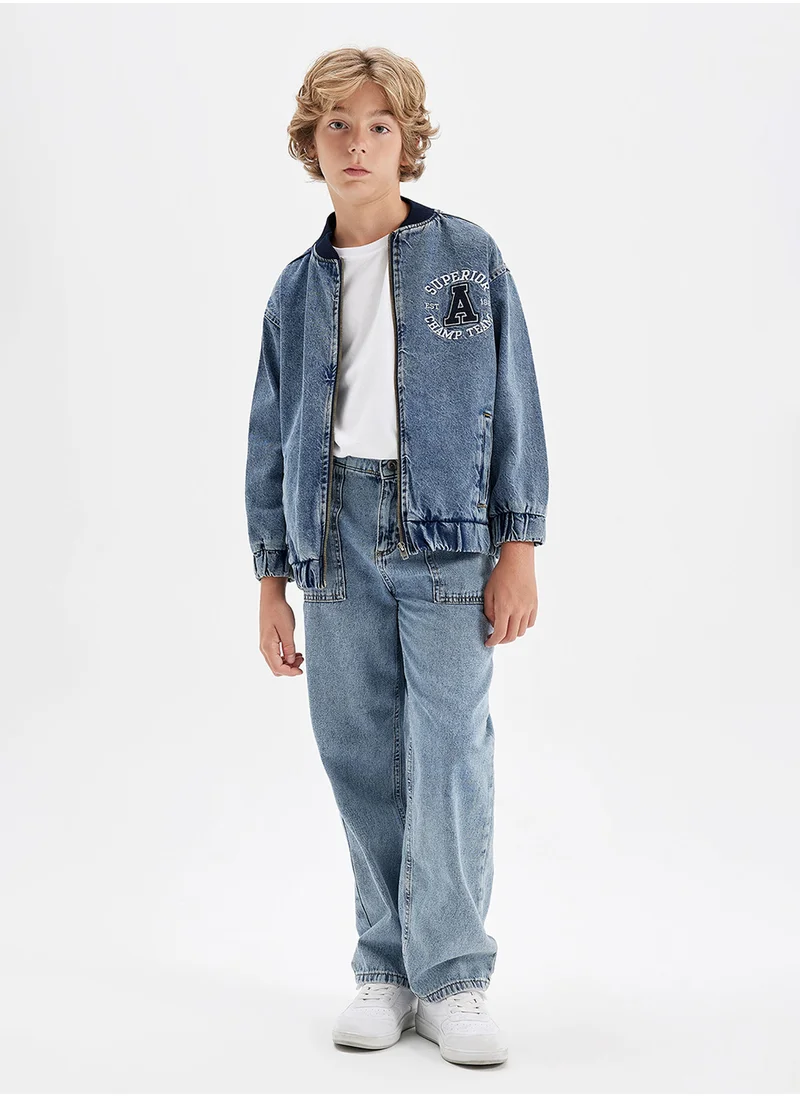 DeFacto Bomber Jean Jacket With Zipper And Pockets Seasonal Printed