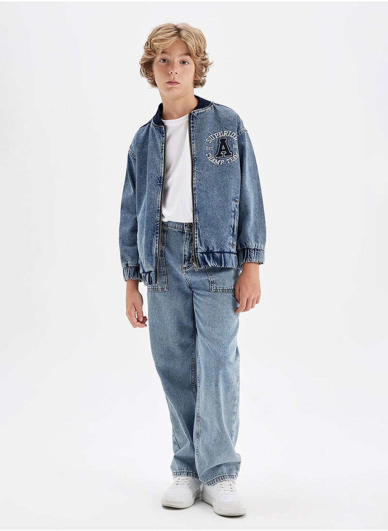 DeFacto - Bomber Jean Jacket With Zipper And Pockets Seasonal Printed - Image 1