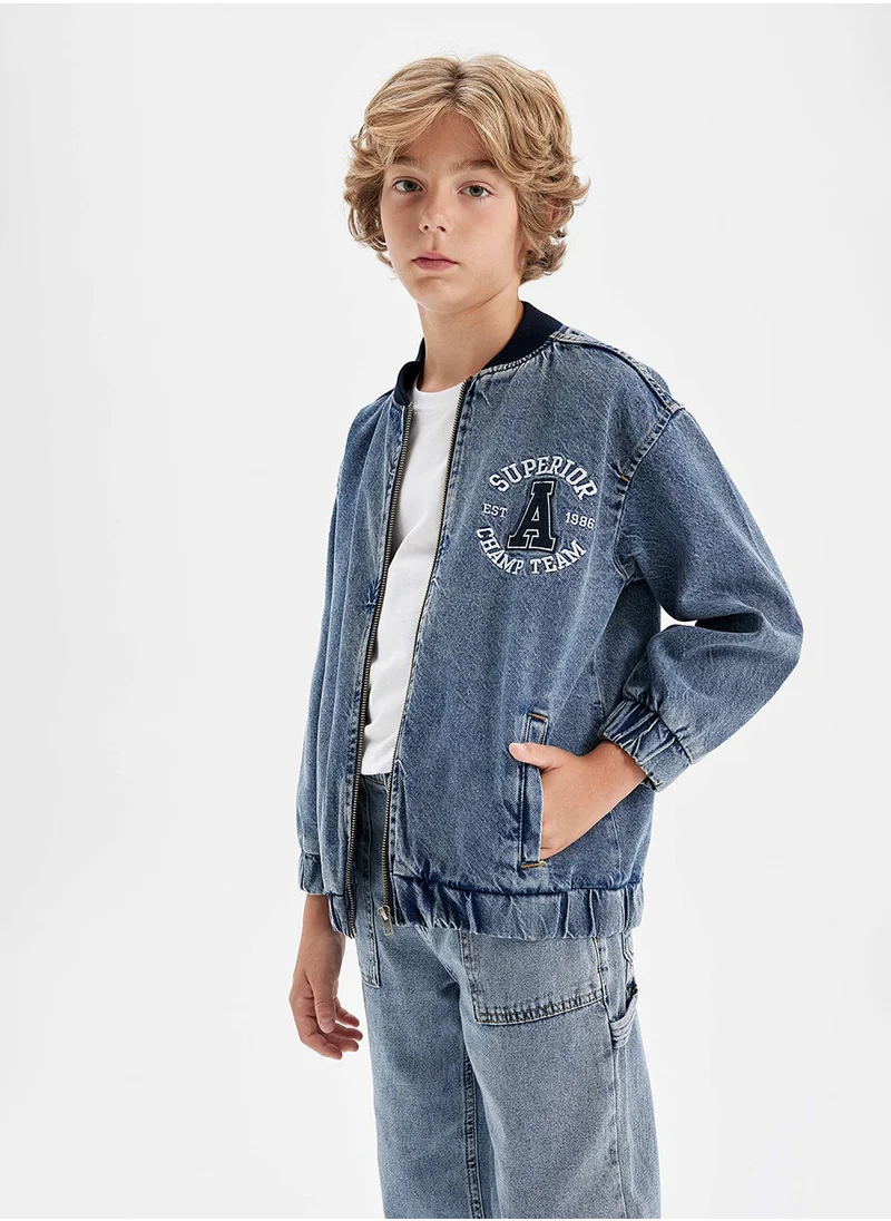 DeFacto Bomber Jean Jacket With Zipper And Pockets Seasonal Printed