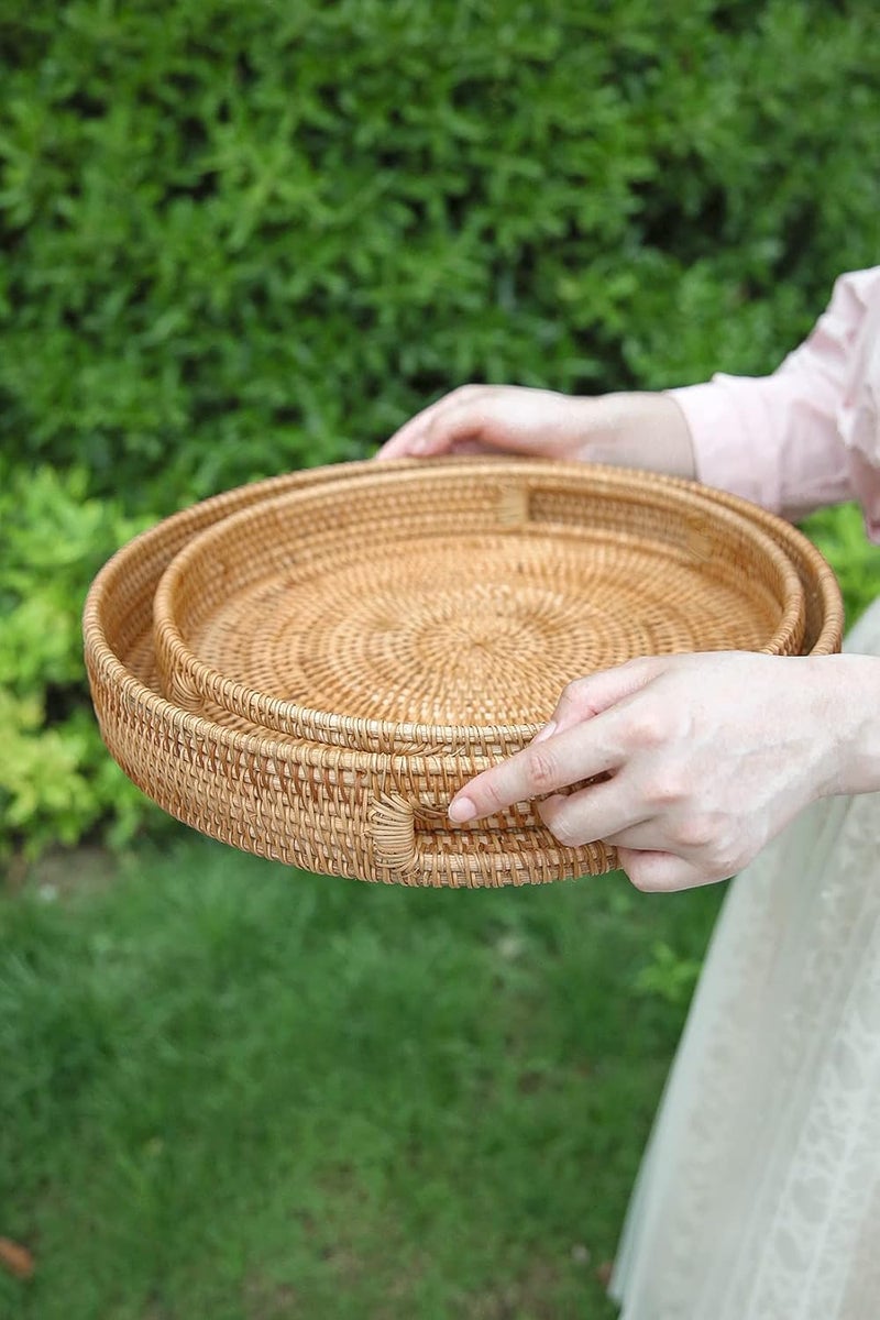 HITOMEN Hand-Woven Round Rattan Serving Tray with Handles Ottoman Wicker Platter for Breakfast, Drinks, Snack, Bread, Fruit, Vegetables for Coffee Table, Home Decorative (L-13.8'') - Image 4