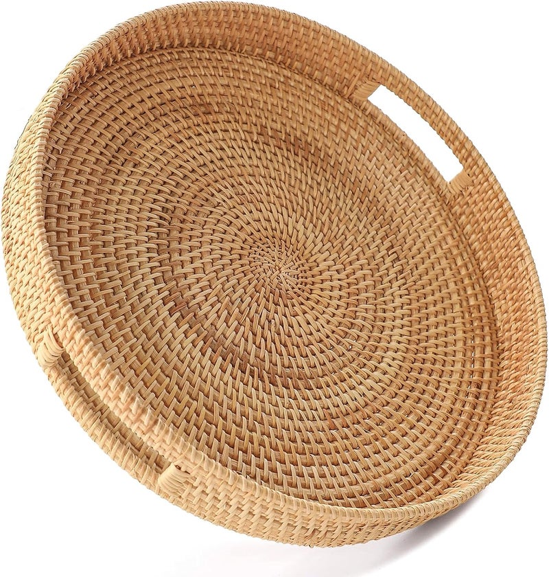 HITOMEN Hand-Woven Round Rattan Serving Tray with Handles Ottoman Wicker Platter for Breakfast, Drinks, Snack, Bread, Fruit, Vegetables for Coffee Table, Home Decorative (L-13.8'') - Image 1