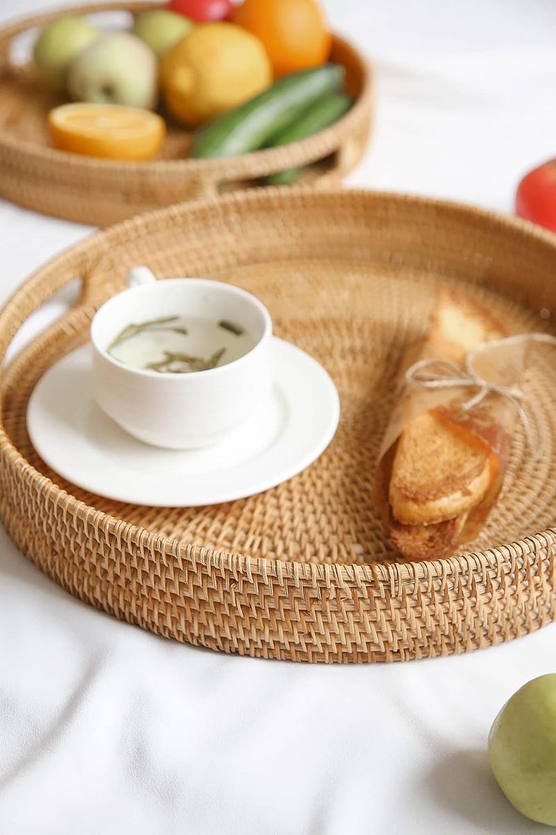 HITOMEN Hand-Woven Round Rattan Serving Tray with Handles Ottoman Wicker Platter for Breakfast, Drinks, Snack, Bread, Fruit, Vegetables for Coffee Table, Home Decorative (L-13.8'') - Image 2