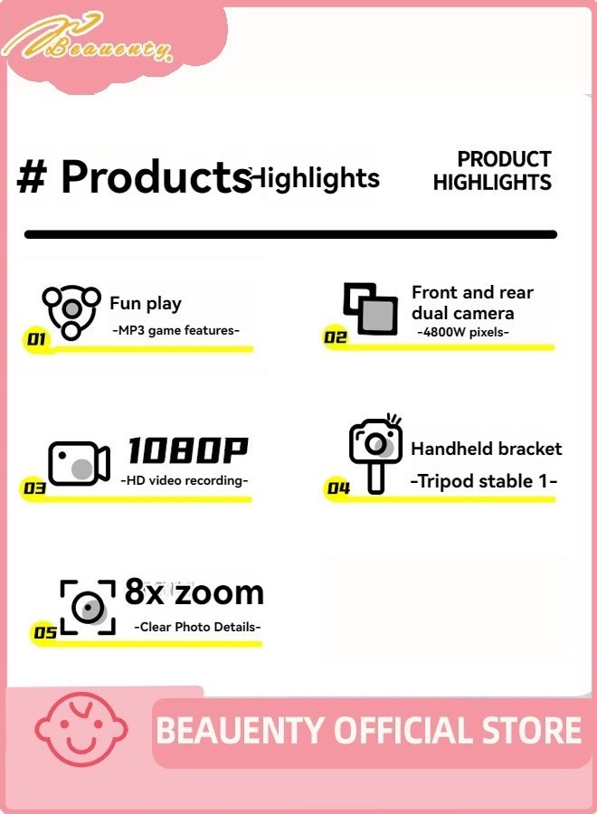 Beauenty Kids Camera, Toy camera, Kids Video Camera with Flip-up Lens, Girls Toys, 1080P HD Digital Camera for Selfie & Video, Christmas Birthday Gift Ideas for 3 4 5 6 7 8 9 10 11 12 Year Old Kid. - Image 2