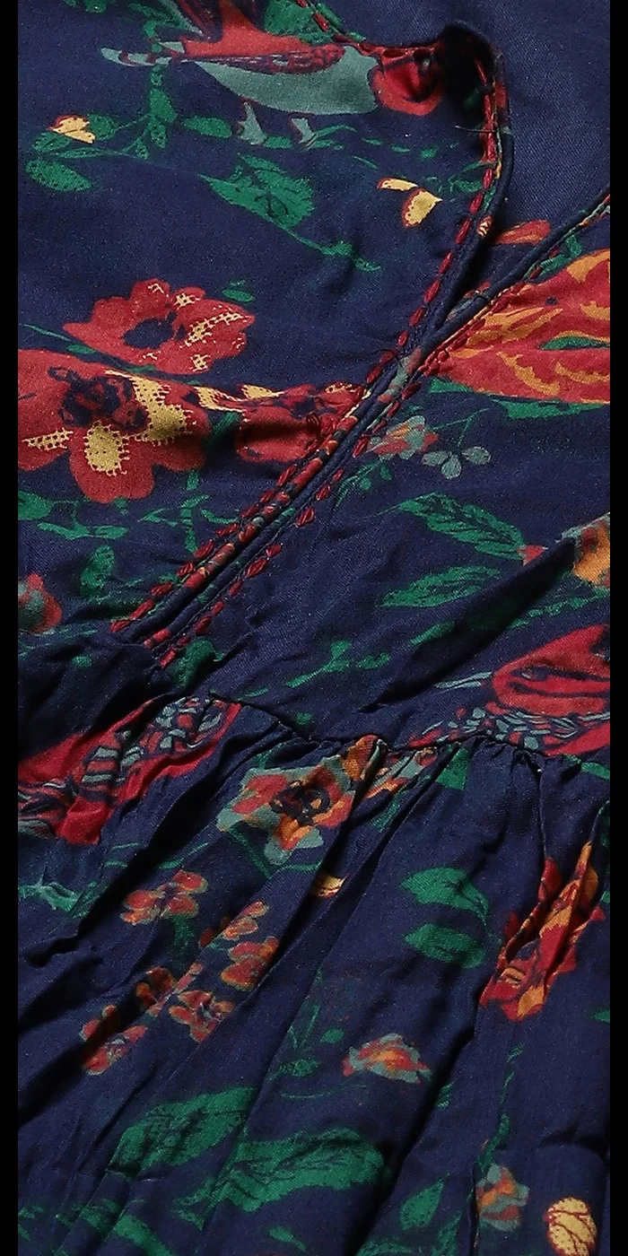 Biba Teal Cotton Flared Printed Dress