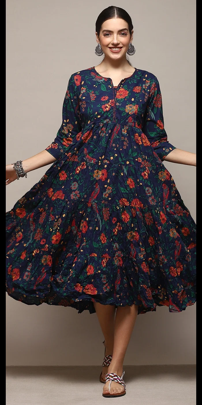 Biba Teal Cotton Flared Printed Dress