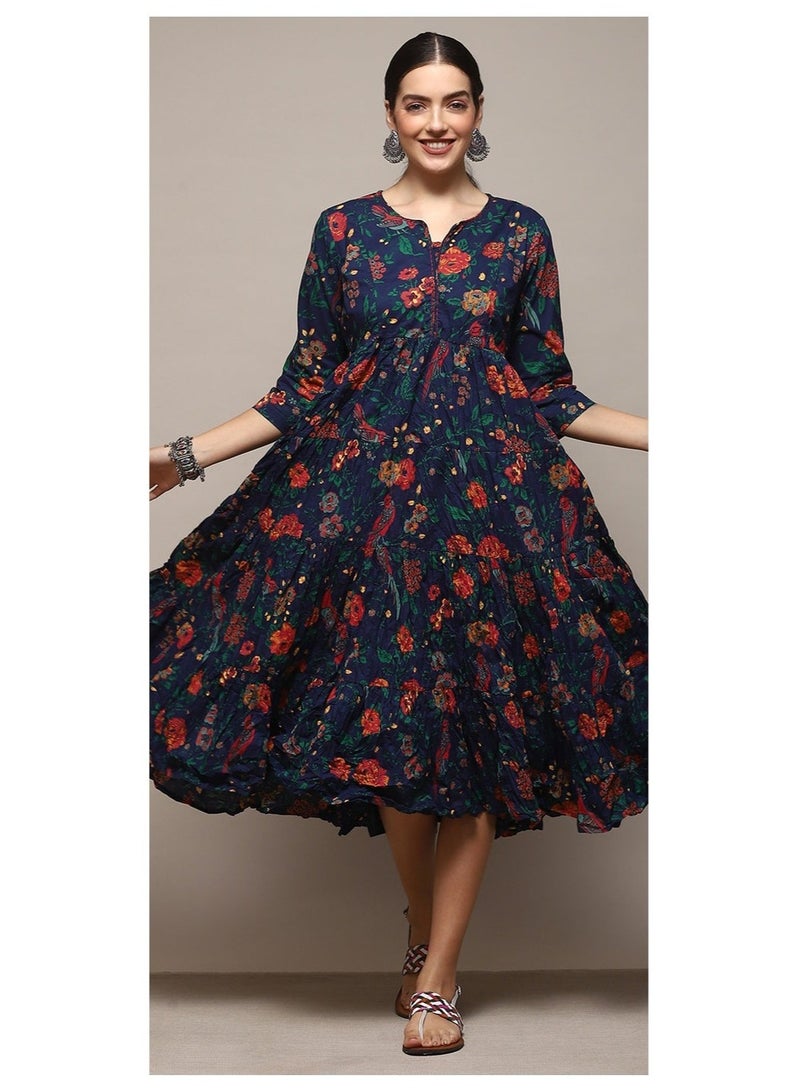 Biba Teal Cotton Flared Printed Dress - Image 1