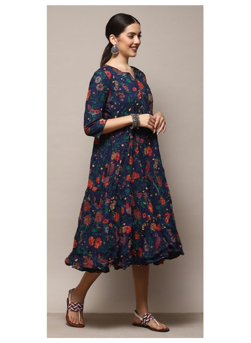 Biba Teal Cotton Flared Printed Dress - Image 5