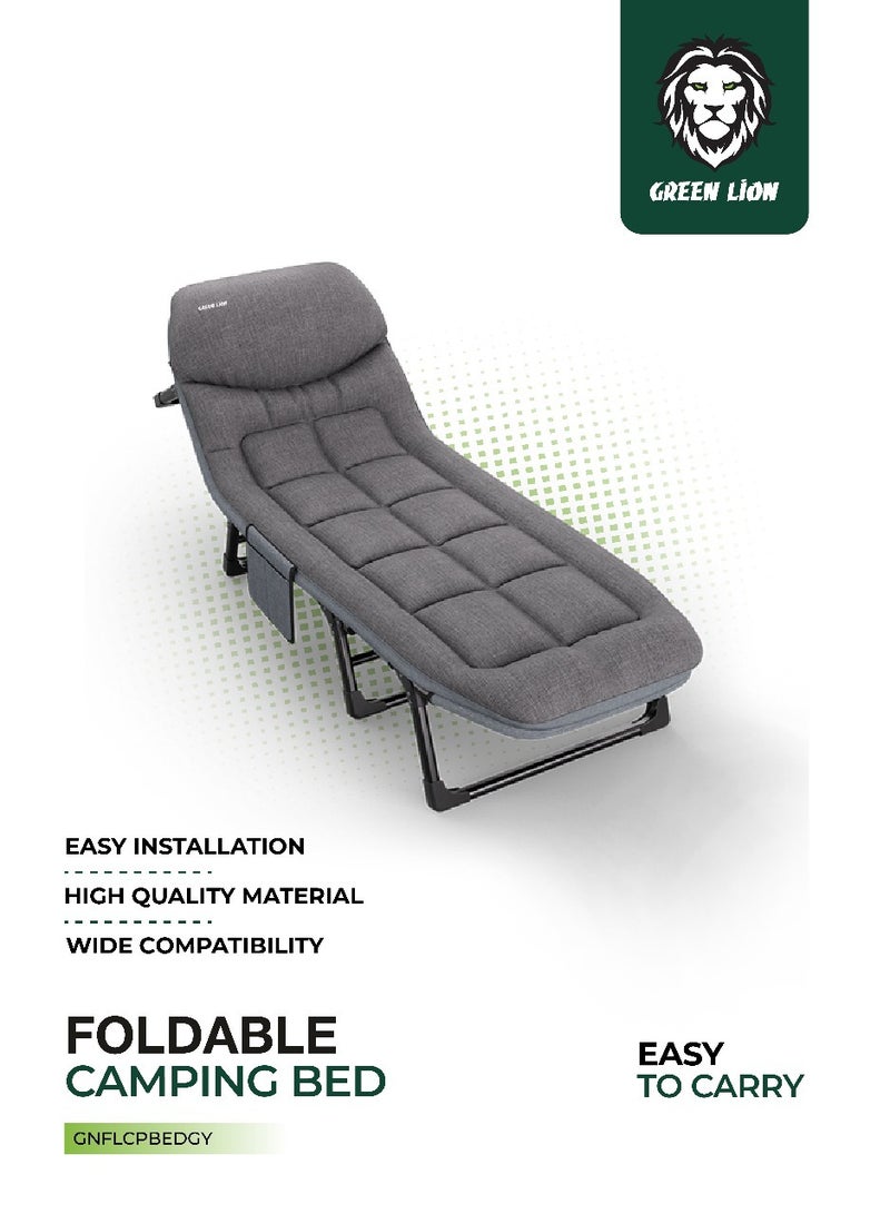 جرين ليون سرير تخييم قابل للطي مع وسادة مريحة وجيوب تخزين، مادة عالية الجودة، مسند ظهر قابل للتعديل، قدرة تحميل 150 كجم، سهل الحمل، مناسب للأنشطة الخارجية والسفر – رمادي - Image 1
