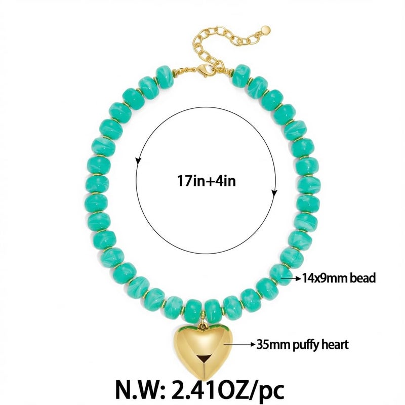 FAUTHENTICUTE Chunky Beaded Choker Necklace for Women Turquoise Lake Blue Acrylic Bead Necklace with Gold Heart Pendant Boho Statement Necklace Beach Jewelry Gift - Image 5