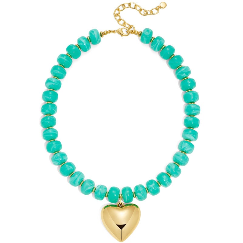 FAUTHENTICUTE Chunky Beaded Choker Necklace for Women Turquoise Lake Blue Acrylic Bead Necklace with Gold Heart Pendant Boho Statement Necklace Beach Jewelry Gift - Image 1