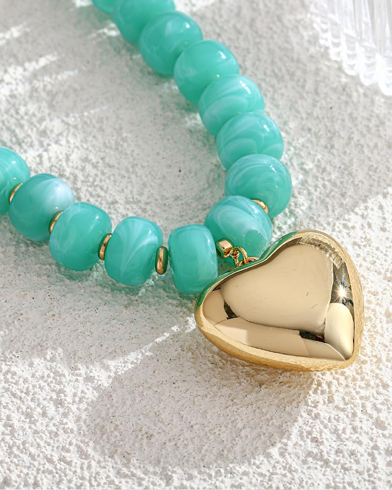 FAUTHENTICUTE Chunky Beaded Choker Necklace for Women Turquoise Lake Blue Acrylic Bead Necklace with Gold Heart Pendant Boho Statement Necklace Beach Jewelry Gift - Image 4
