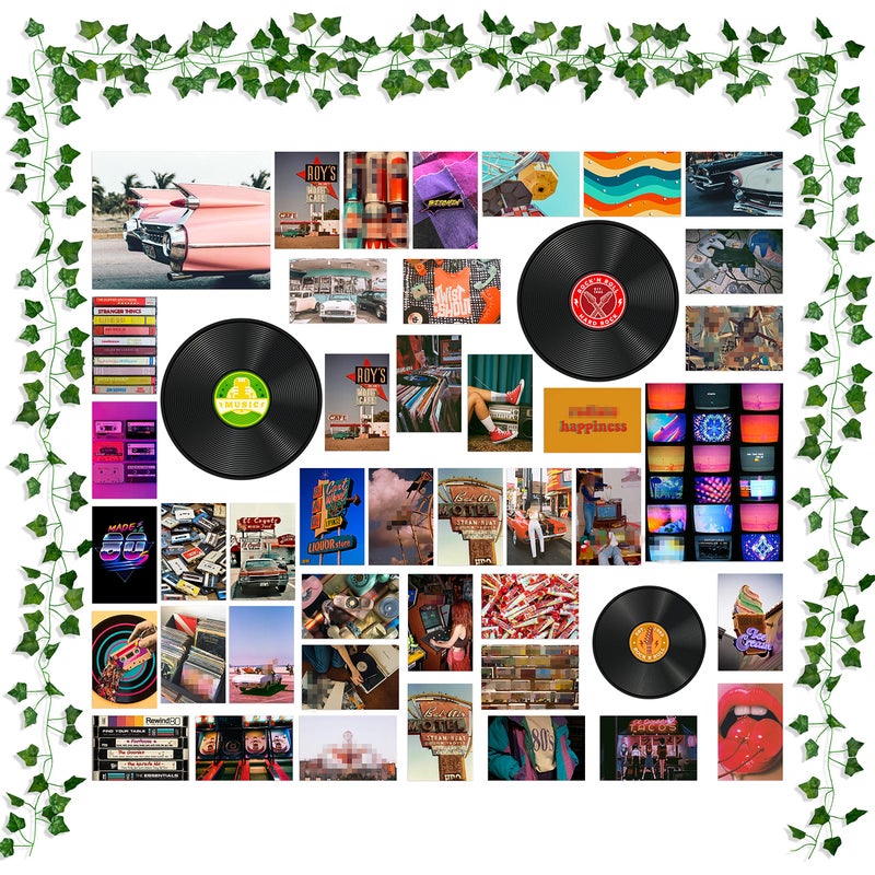 K1tpde 48PCS Wall Art Collage Prints Picture Aesthetic with Fake Vines, Retro Records Picture, Room Decor for Girls, Bedroom, Teens, Colorful Collage Kit - Image 1