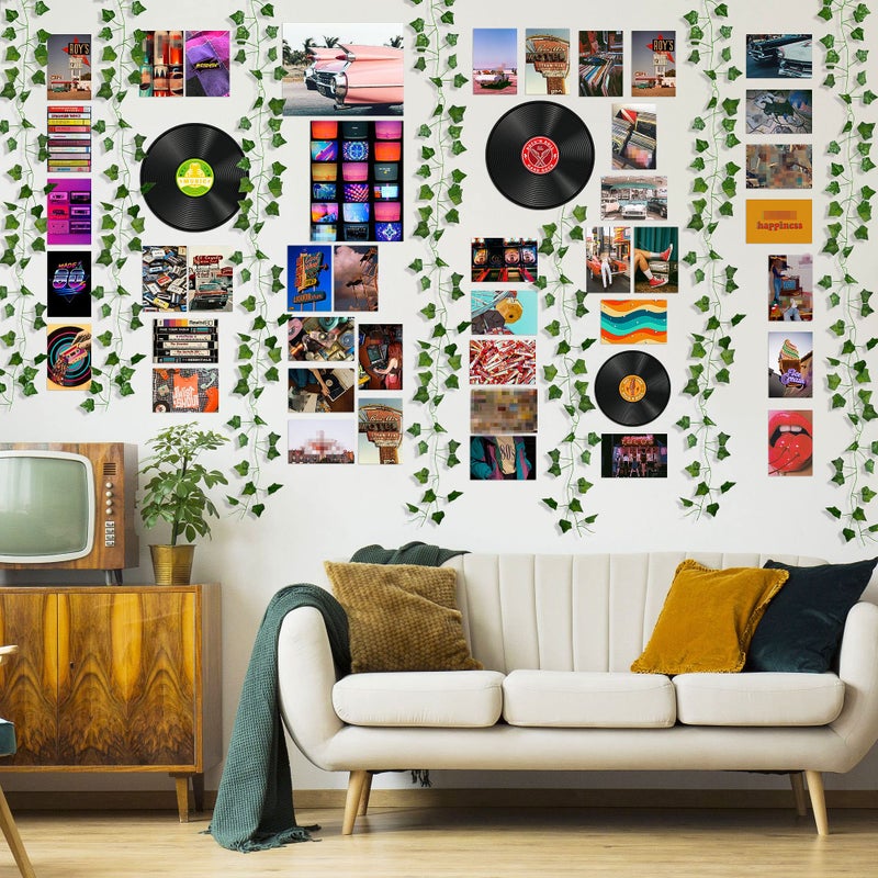 K1tpde 48PCS Wall Art Collage Prints Picture Aesthetic with Fake Vines, Retro Records Picture, Room Decor for Girls, Bedroom, Teens, Colorful Collage Kit - Image 4