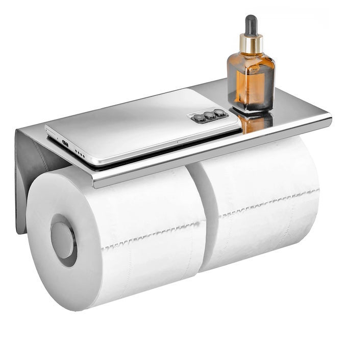 DOUBLE TOILET PAPER HOLDERSUS 304 STAINLESS STEEL TISSUE ROLL RACK WITH PHONE STORAGE SHELF POLISHED CHROME