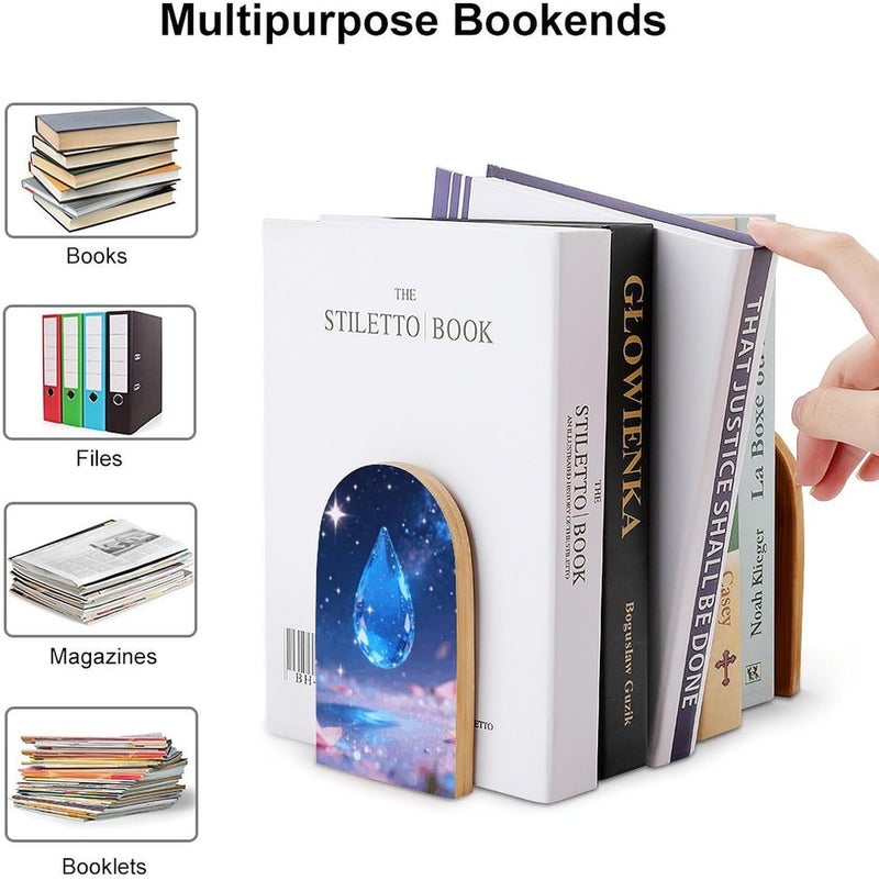 Blue Water Droplets Bookends 1 Pair Solid Natural Wooden Book Ends, Duty Cute Book Stoppers, Decorative Book Holders for Home Office Desk Shelf, Perfect for Students, Book Lovers - Image 3