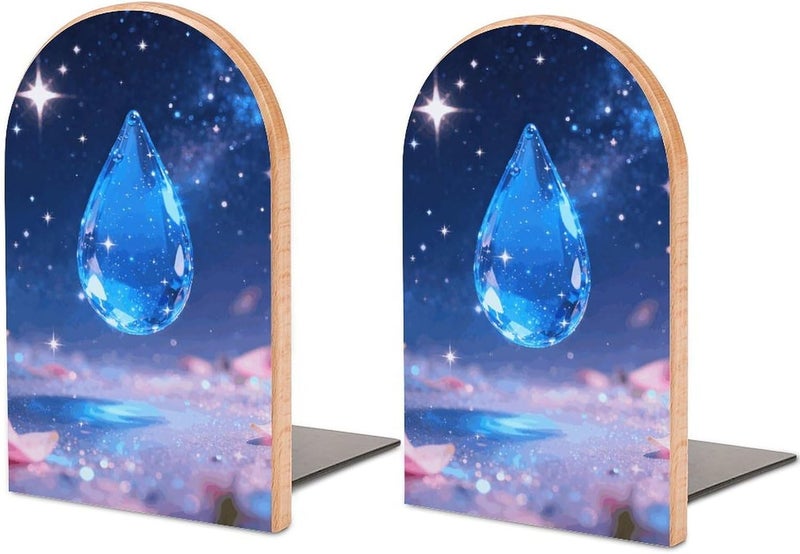 Blue Water Droplets Bookends 1 Pair Solid Natural Wooden Book Ends, Duty Cute Book Stoppers, Decorative Book Holders for Home Office Desk Shelf, Perfect for Students, Book Lovers - Image 1