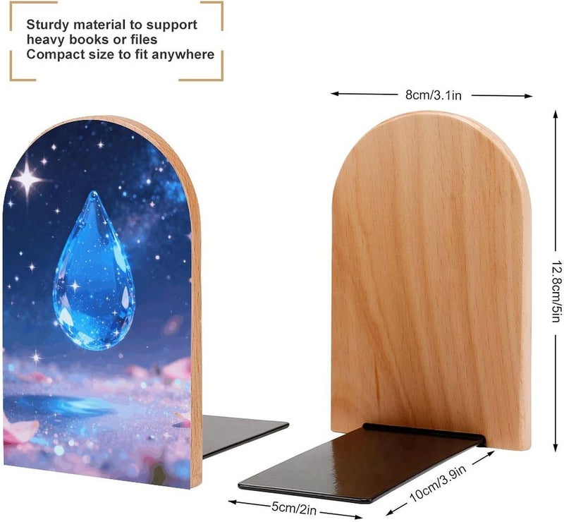 Blue Water Droplets Bookends 1 Pair Solid Natural Wooden Book Ends, Duty Cute Book Stoppers, Decorative Book Holders for Home Office Desk Shelf, Perfect for Students, Book Lovers - Image 2