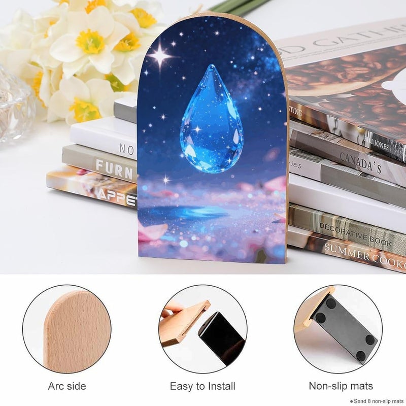 Blue Water Droplets Bookends 1 Pair Solid Natural Wooden Book Ends, Duty Cute Book Stoppers, Decorative Book Holders for Home Office Desk Shelf, Perfect for Students, Book Lovers - Image 4