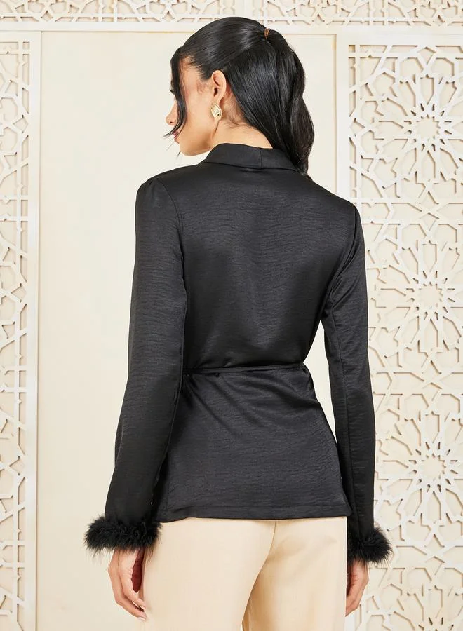 ستايلي Faux Feather Trim Lapel Neck Collar Wrap Top