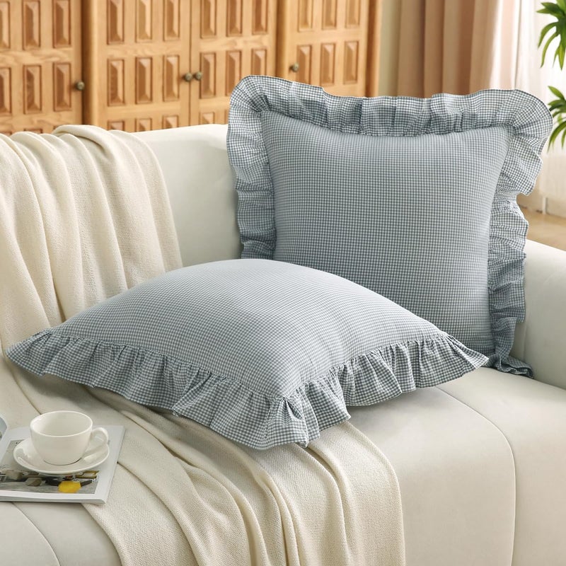 Silnuo Blue/White Plaid Ruffle Throw Pillow Covers Farmhouse Checkered Gingham 18"x18" Vintage Washed Cotton Pillow Shams for Couch,Sofa,Bed and Living Room - Image 1