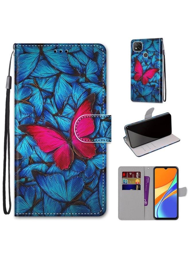 HuHa Case Cover For Xiaomi Redmi 9C Coloured Drawing Cross Texture Horizontal Flip PU Leather Case with Holder & Card Slots & Wallet & Lanyard Blue Red Butterfly 