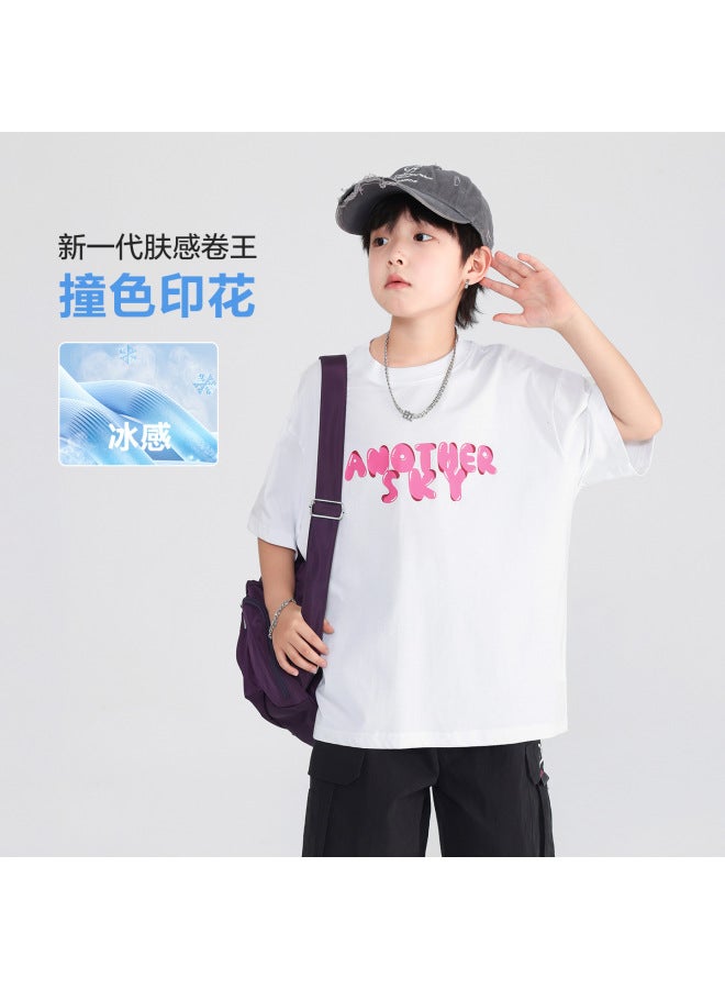 Boys' Summer White Cartoon Graffiti Short-sleeved T-shirt  New Style Kidsren's Boys Korean Style Loose Ice-feel Top