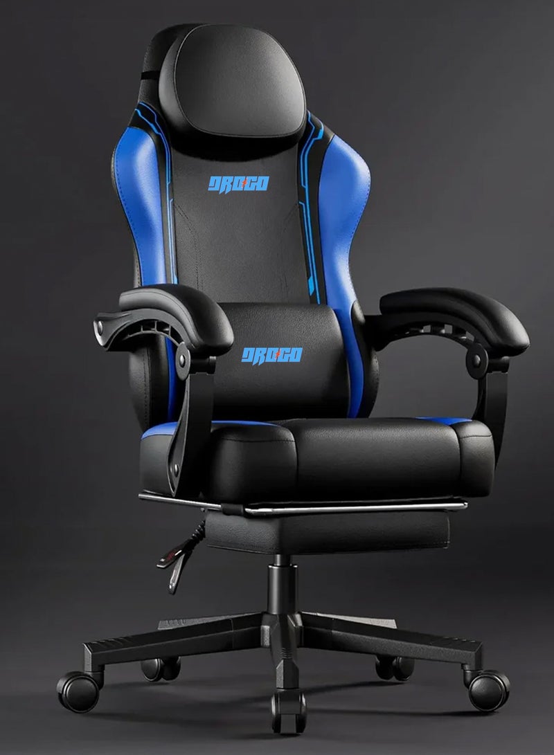 DROGO Premium Ergonomic Gaming Chair, Video Game Chair with Linkage Armrest, Footrest & Adjustable Seat, Computer Chair with PU Leather, Head & Massager Lumbar Pillow Home & Office Chair with Recline Black Blue - Image 1