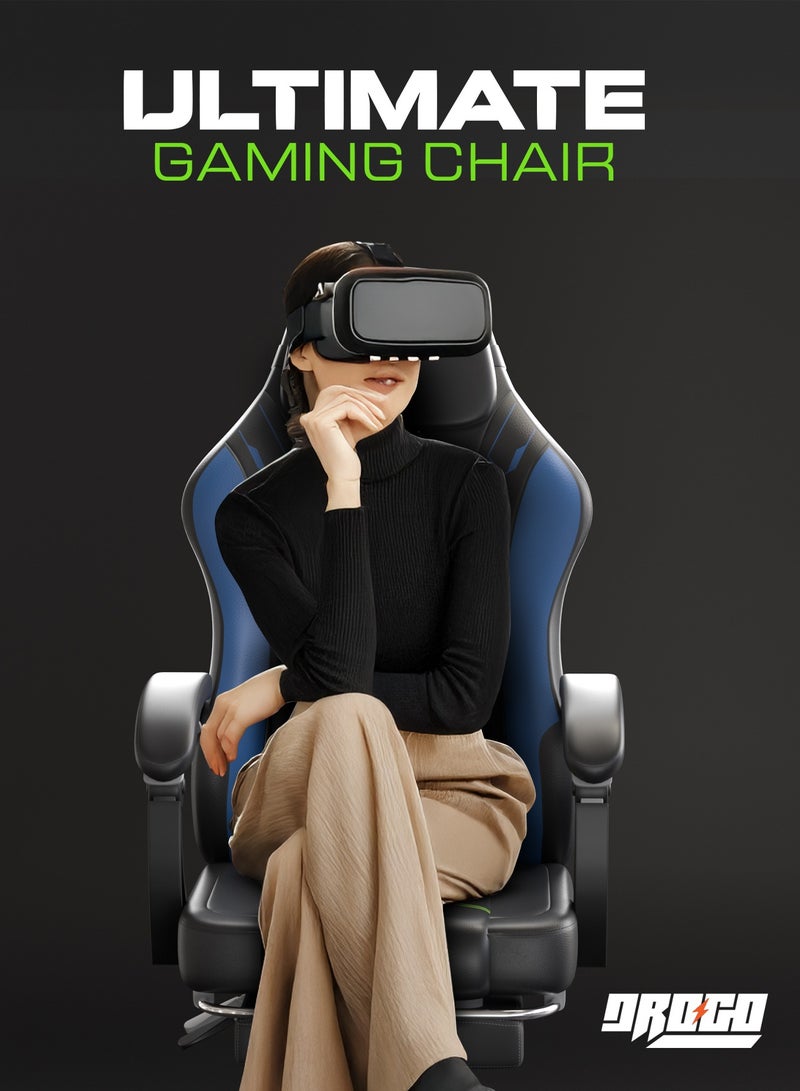 DROGO Premium Ergonomic Gaming Chair, Video Game Chair with Linkage Armrest, Footrest & Adjustable Seat, Computer Chair with PU Leather, Head & Massager Lumbar Pillow Home & Office Chair with Recline Black Blue - Image 2