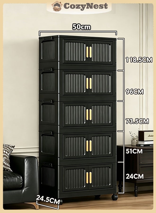 CozyNest 5-Tier 50cm Wide  Foldable Storage Multifunctional Double Door Installation Free Storage Bins Cabinet with Wheels Freestanding Stackable Drawer Cabinet for Home,Office,Bedroom,Living Room,Study - Image 1