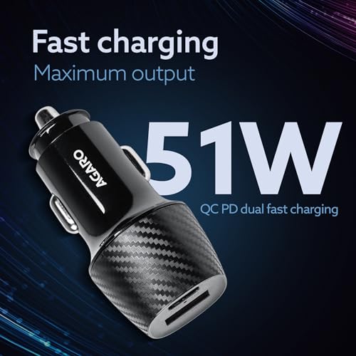 AGARO Pulse Car Charger, Dual Port with 51W Fast Car Charger with Dual Output (33W Pd Type C Port + 18W USB A Port), Fast Charging, for Smartphones, iPhones, Tablets, Earbuds & More – Black - Image 4