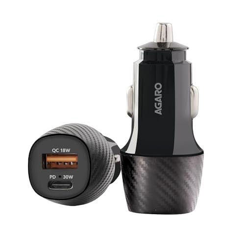 AGARO Pulse Car Charger, Dual Port with 51W Fast Car Charger with Dual Output (33W Pd Type C Port + 18W USB A Port), Fast Charging, for Smartphones, iPhones, Tablets, Earbuds & More – Black - Image 1