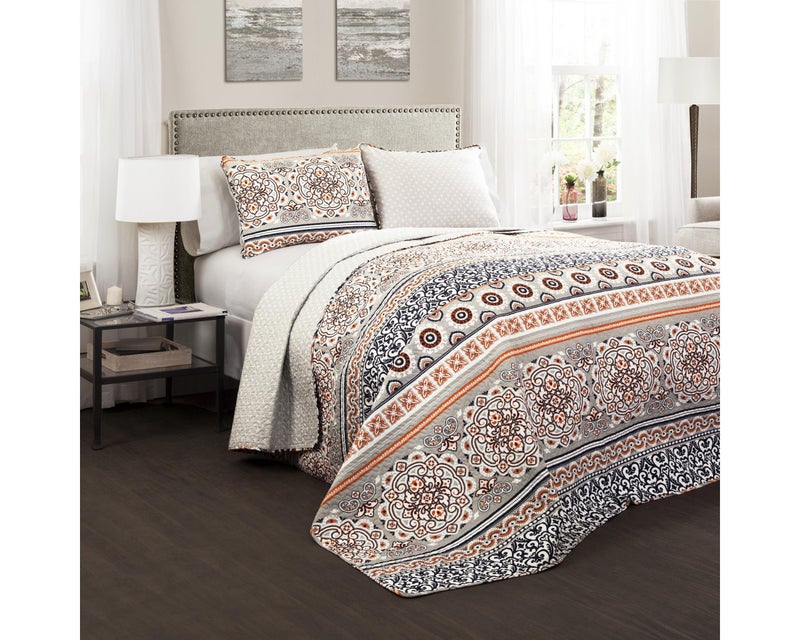 Lush Decor Nesco Stripe Quilt Queen Size 3 Piece Set Full/Queen Navy & Coral - Striped Bedding Set Queen Quilt - Blue Quilts - Boho Bedroom Decor - Image 1