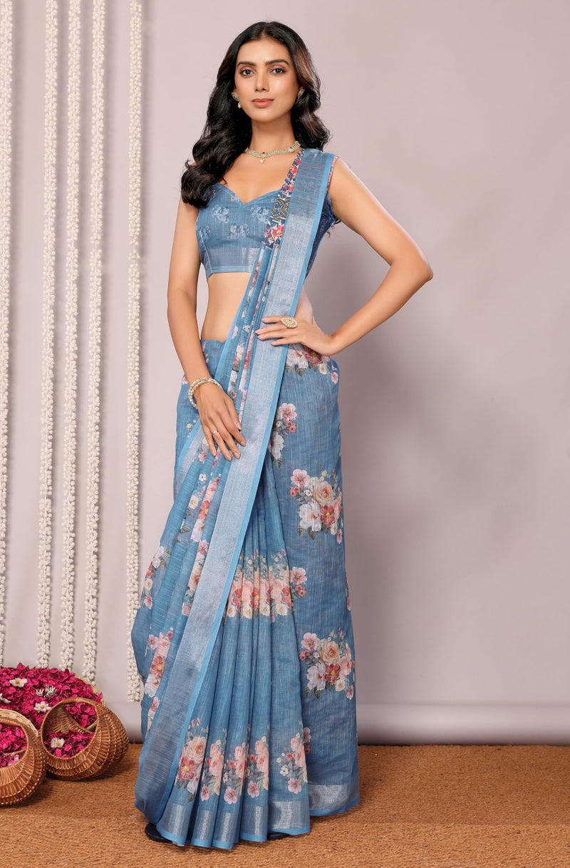 Janasya Women's Blue Cotton Linen Floral Printed Printed Saree with Blouse Piece - Image 3