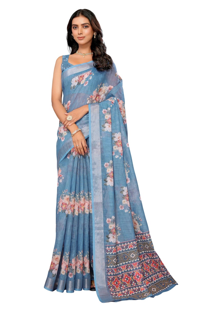 Janasya Women's Blue Cotton Linen Floral Printed Printed Saree with Blouse Piece - Image 1