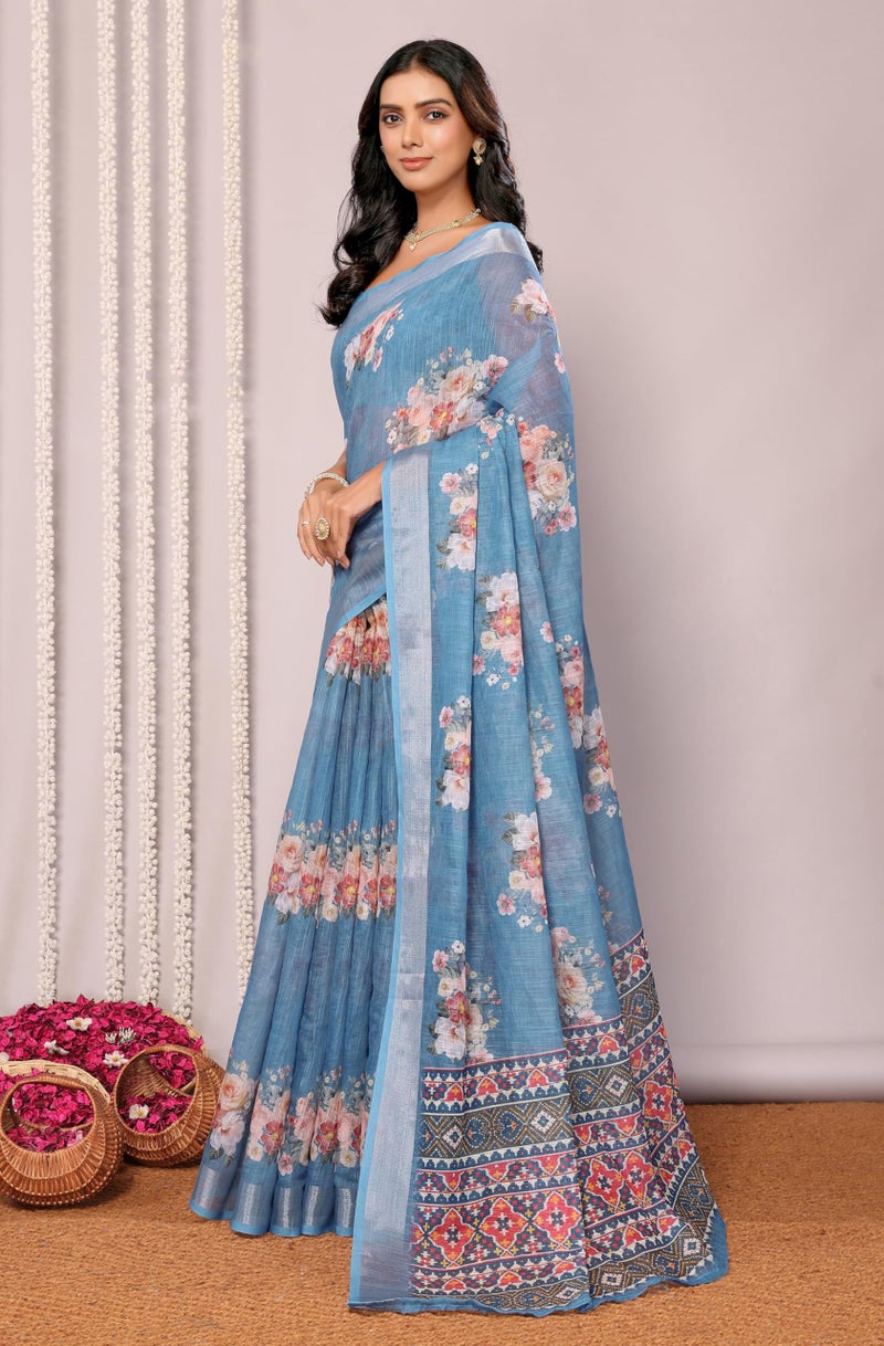 Janasya Women's Blue Cotton Linen Floral Printed Printed Saree with Blouse Piece - Image 2