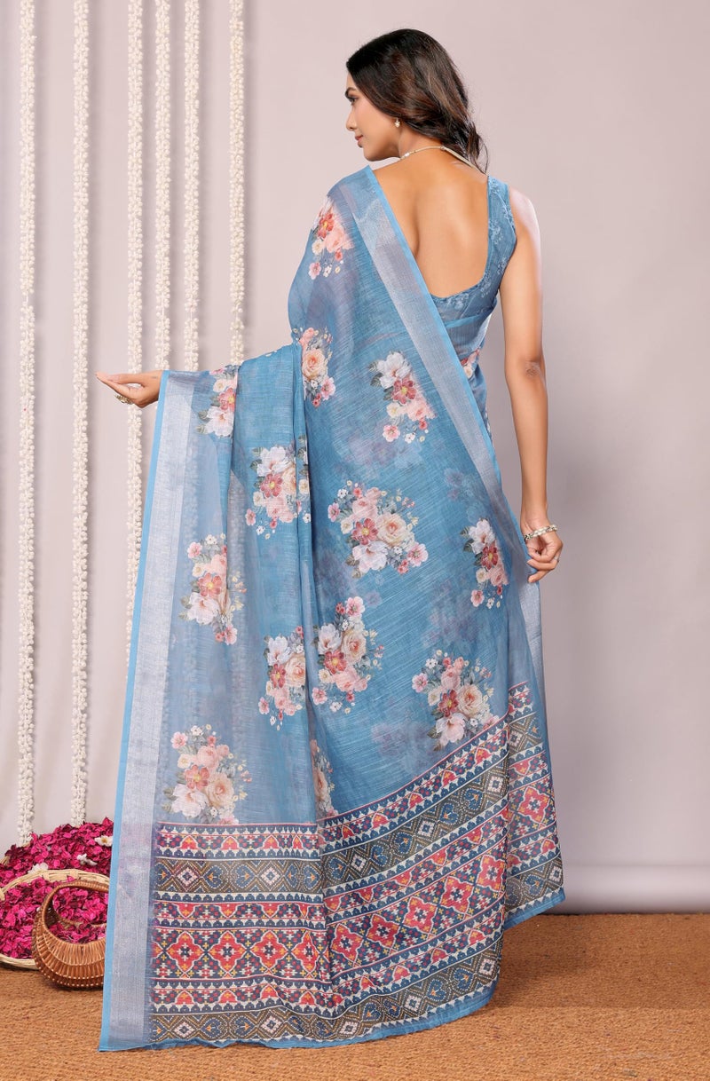 Janasya Women's Blue Cotton Linen Floral Printed Printed Saree with Blouse Piece - Image 4