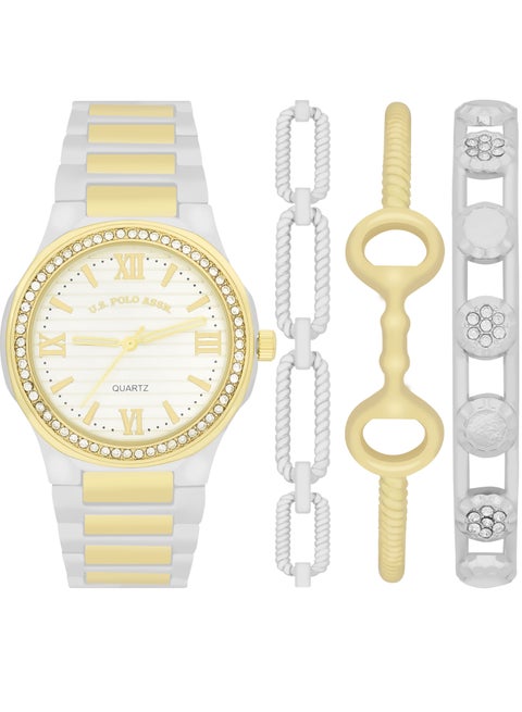 Women's Quartz Analog dual tone plated watch and bracelet set