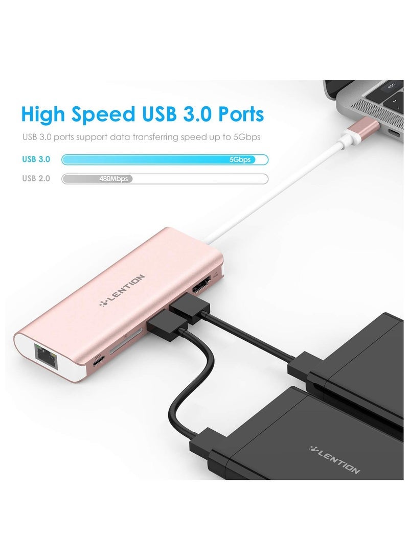 Lention LENTION USB C Hub with 4K HDMI, SD Card Reader, 2 USB 3.0, Type C Charging & Ethernet Compatible 2023-2016 MacBook Pro, New Mac Air/Surface/Steam Deck, More, Stable Driver Adapter (CB-C68, Rose Gold)  - Image 2