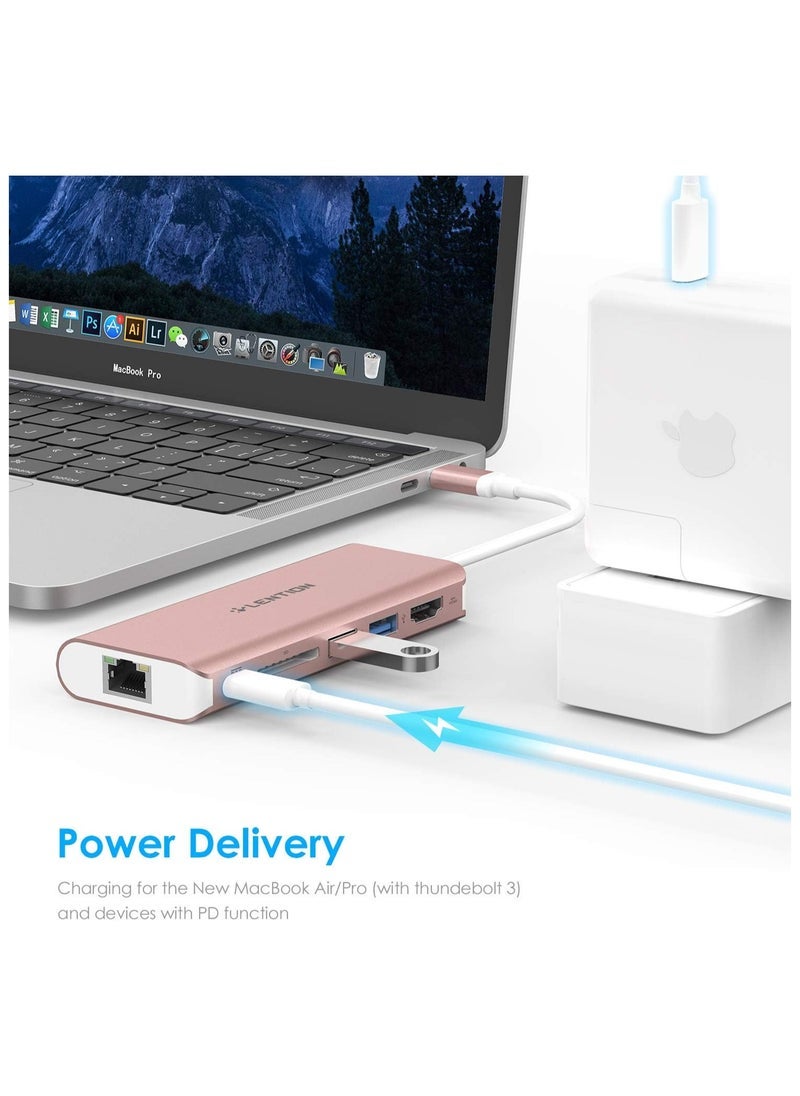 Lention LENTION USB C Hub with 4K HDMI, SD Card Reader, 2 USB 3.0, Type C Charging & Ethernet Compatible 2023-2016 MacBook Pro, New Mac Air/Surface/Steam Deck, More, Stable Driver Adapter (CB-C68, Rose Gold)  - Image 3