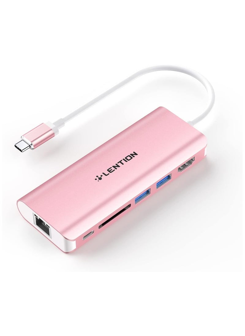 Lention LENTION USB C Hub with 4K HDMI, SD Card Reader, 2 USB 3.0, Type C Charging & Ethernet Compatible 2023-2016 MacBook Pro, New Mac Air/Surface/Steam Deck, More, Stable Driver Adapter (CB-C68, Rose Gold)  - Image 1