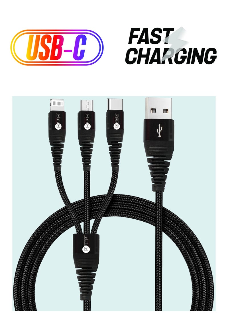 AFRA AFRA USB Charging Cable, 2.4A, Nylon-Braided Jacket, With Data Transmission, USB A to Micro-USB + Type C + Lightning Connector, 1.2-meter length, Durable, Tangle Free  - Image 1