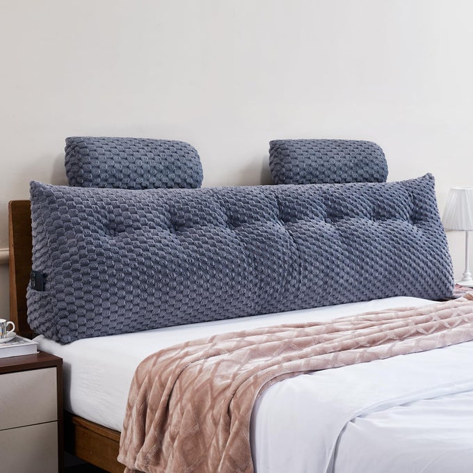 WEDGE HEADBOARD PILLOW KING BED WEDGE PILLOW FOR HEADBOARD TRIANGULAR HEADBOARD PILLOW WITH NECK ROLL PILLOWLARGE BOLSTER FOR SITTING IN BED BACKREST POSITIONING SUPPORT GREY76X8X20 INCHES