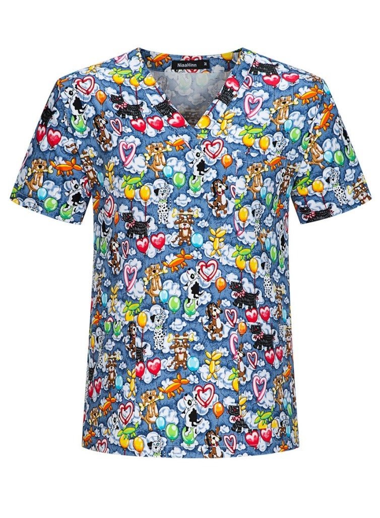 Loquat Cartoon Printed V-Neck Medical Uniform Scrubs Top Comfty Soft Workwear